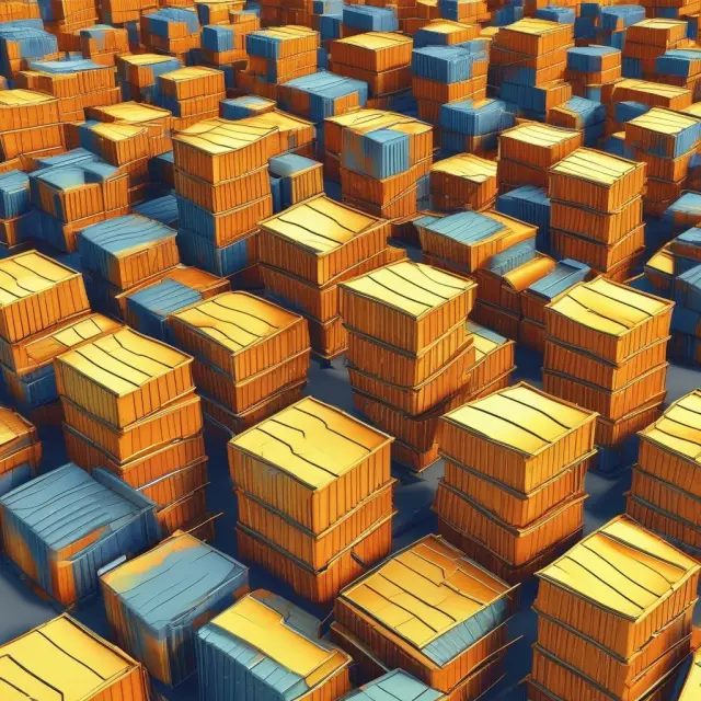A golden scale tips toward exports in a busy market, symbolizing a positive balance of trade.