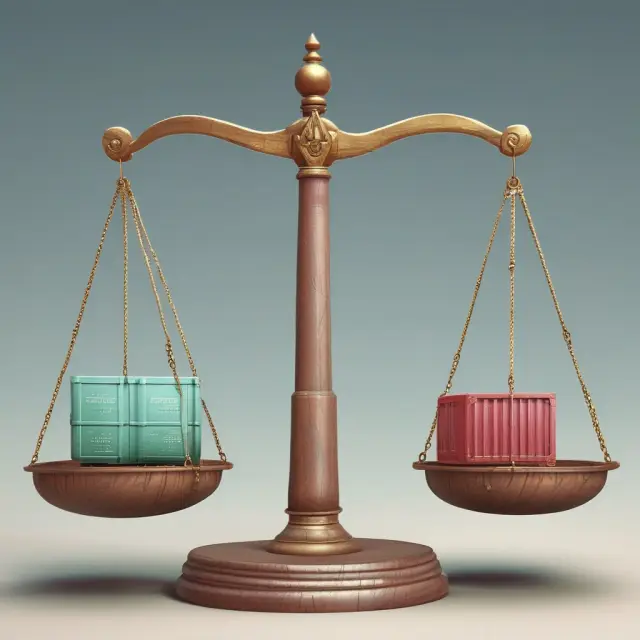 A set of balance scales tipping toward exports (left) versus imports (right), symbolizing a favorable or unfavorable trade balance.