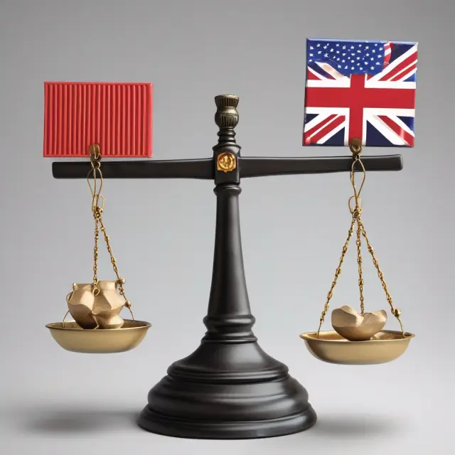 Three-legged scale with goods representing the United States, China, and EU/UK, demonstrating favorable and unfavorable trade balances