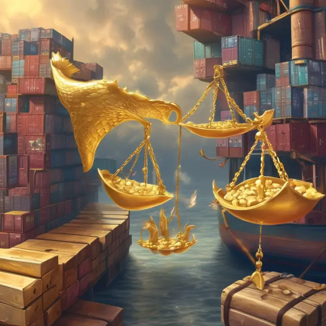 A golden scale balances imports and exports, with one pan representing a country