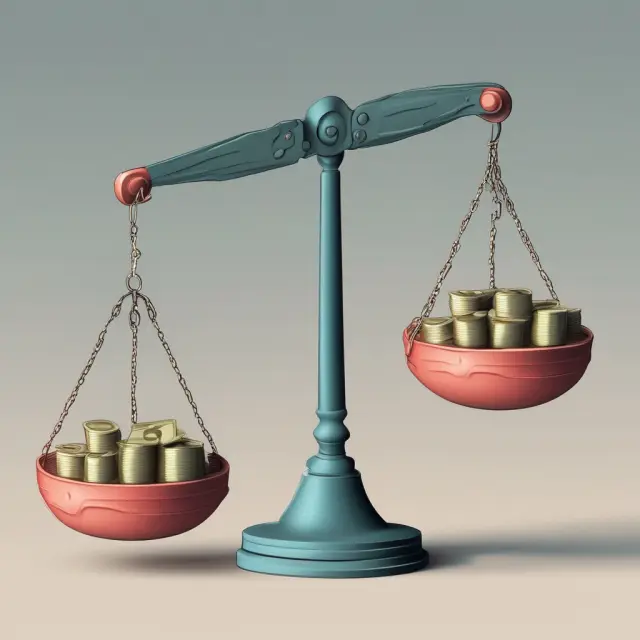 A seesaw balancing currency and trade items, favoring exports