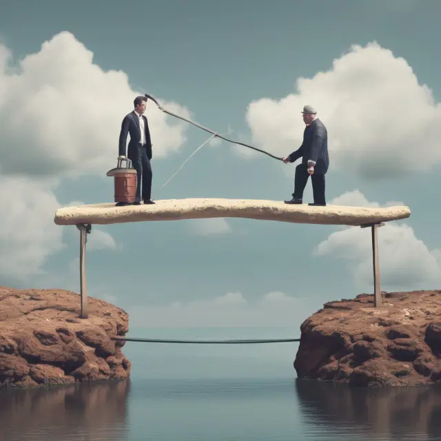 Parties holding a bridge, symbolizing BOT contracts, balance on a seesaw between political instability and regulatory changes