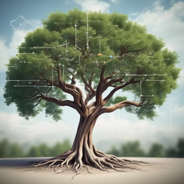 A sturdy tree with clear roots symbolizing effective communication and strong project management flourishing in a well-regulated environment
