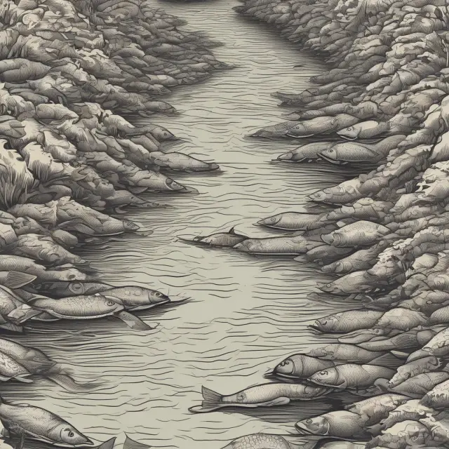 Bottleneck in a production system represented as a clogged river with fish swimming upstream. This image emphasizes the struggle and impact on productivity.