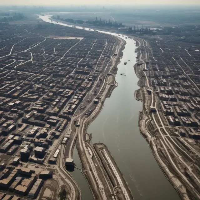 Factories on bottlenecked riverbanks creating production variances. Real-time monitoring, capacity planning, and continuous improvement tools depicted as a dam controlling the flow.