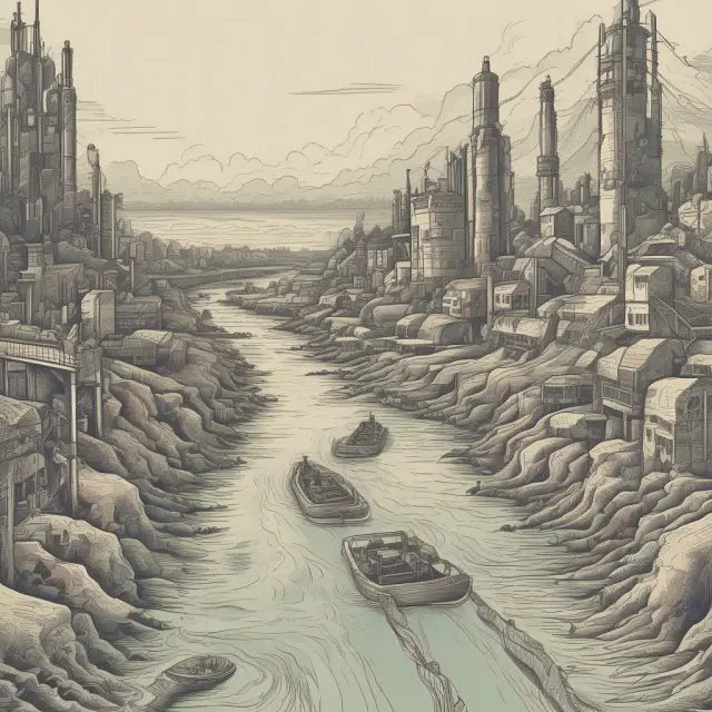Metaphorical image: A bottleneck in a manufacturing pipeline represented as a narrow passages impeding the flow of production components.