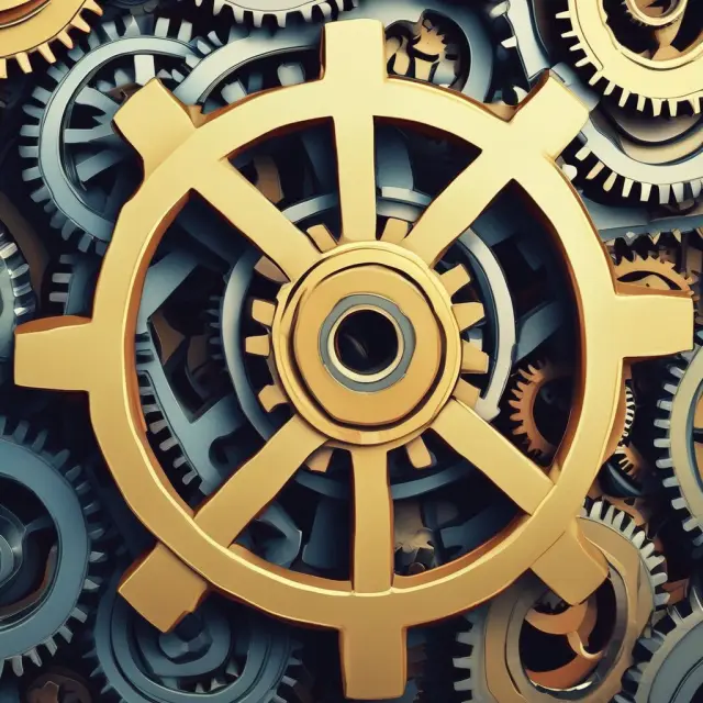 A scene of interconnected gear wheels forming a single cogwheel, illustrating the seamless integration of capacity planning methods and technological advancements to eliminate bottlenecks