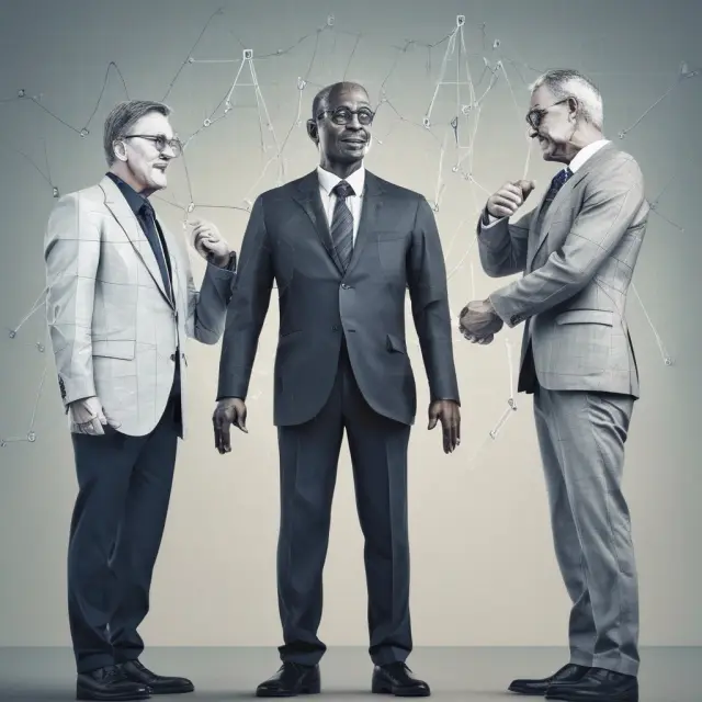 Three corporations depicted as towering giants, their intertwined financial graphs emphasizing strong net income growth and profitability