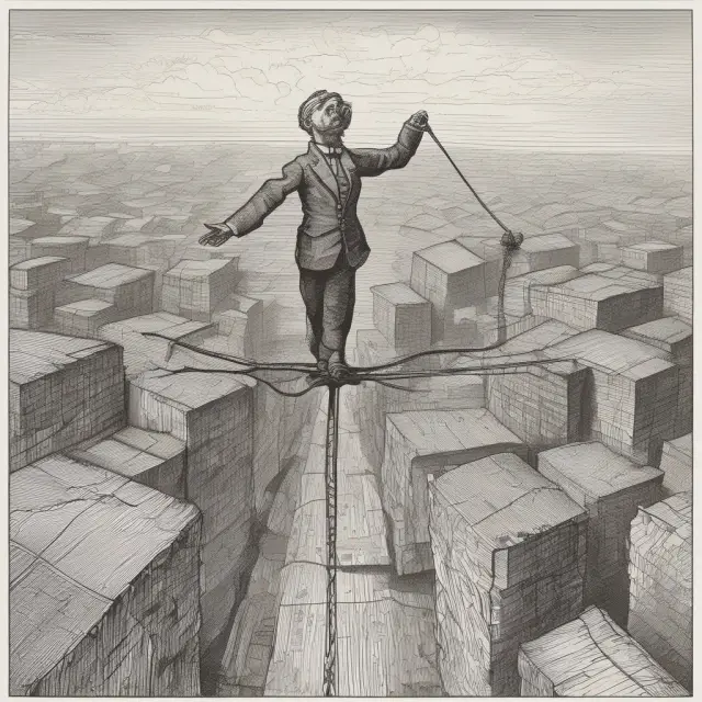 Tightrope walker balancing economic factors, market conditions, and internal pressures to optimize business net income