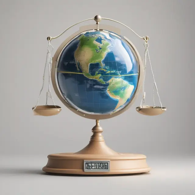 A balance scale tilts towards a digital globe with corporate responsibility symbols, signifying the importance of Triple-Bottom-Line accounting for investors.