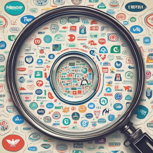 Magnifying glass scrutinizing various company logos to represent bottom-up investment