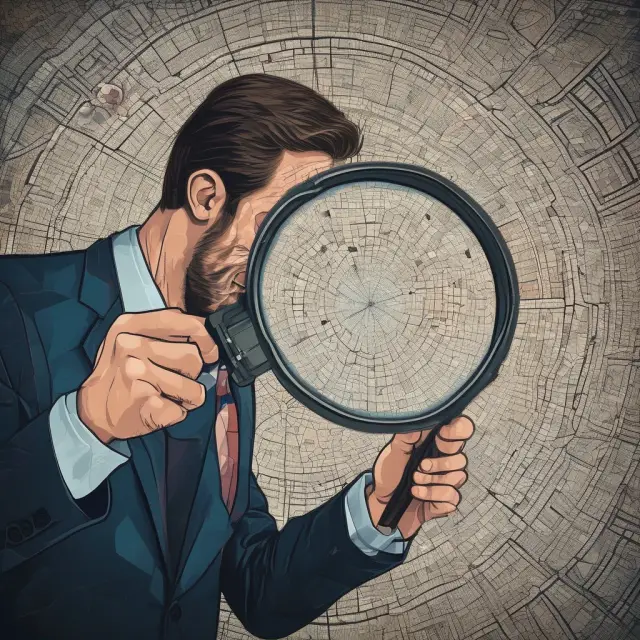 Institutional investor examining intricate stock market mosaic using magnifying glass to reveal individual company value and growth opportunities
