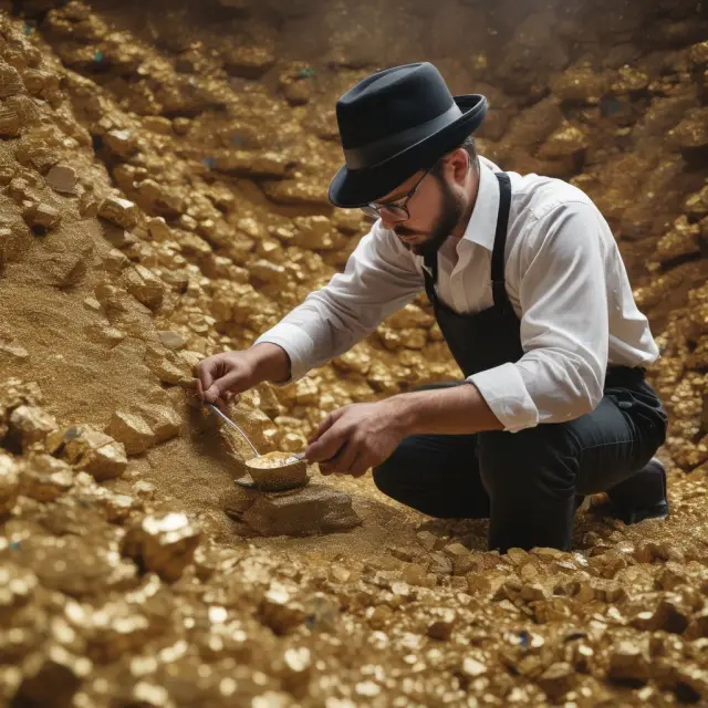 Alchemist analyzing precious golden nuggets representing individual companies amidst a pool of industrial trends