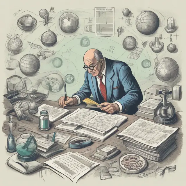 Researcher using various resources for bottom-up investment research: financial statements, company reports, industry reports, news sources, expert opinions, and databases.