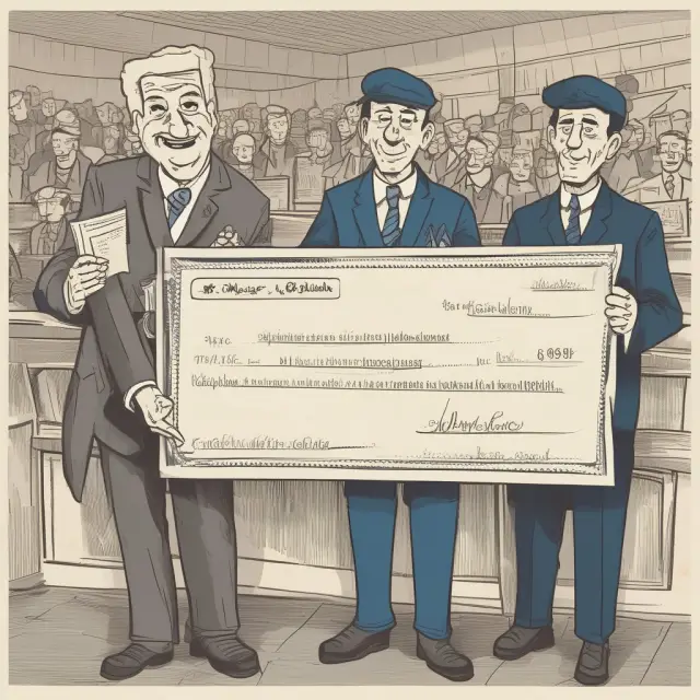 A payee looks concerned as merchants display warning signs and calculators representing extra charges for bounced checks