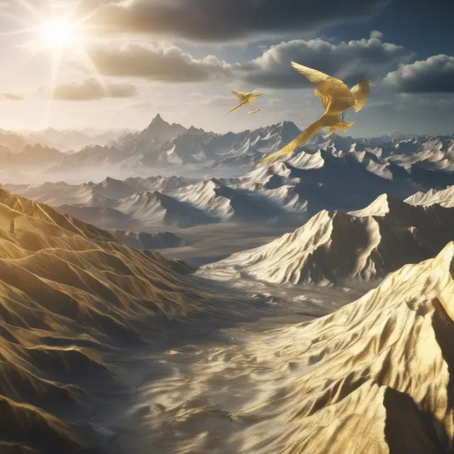 Image of a gold call option flying high and a silver put option resting at the foot of a mountain range; their boundary conditions are represented by the stock prices.