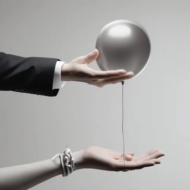 Hands releasing a balloon with boundary conditions symbolizing discrete price changes, while the balloon floating away represents continuous changes