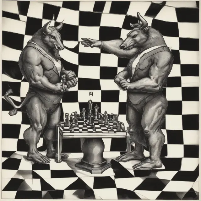 A bull and bear engaging in a chess match. The bull offers a box containing synthetic loan to the bear, symbolizing the benefits of box spreads as a lending tool.