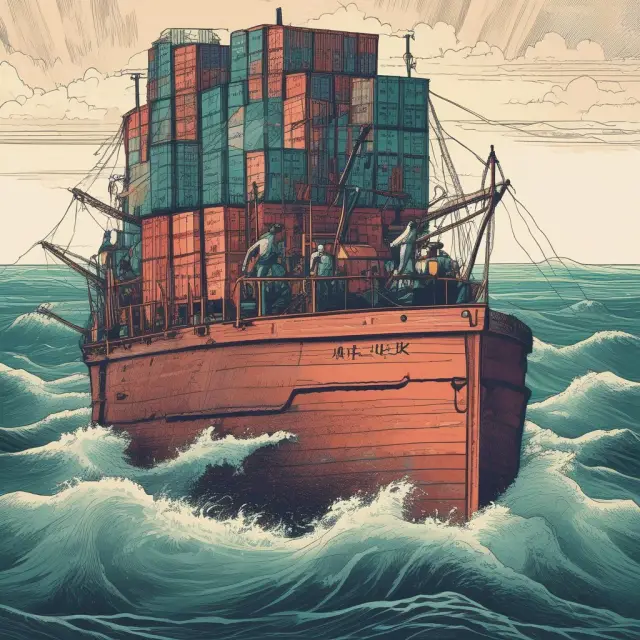 A trader aboard a ship braving rough waters, surrounded by submerged box spread contracts. Hidden sharks symbolize interest rate and early exercise risks lurking beneath the surface.