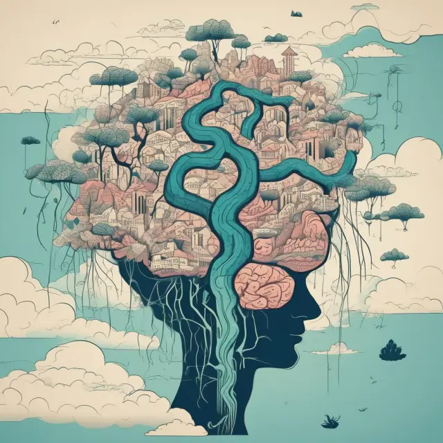 Brain drain depicted as a river of minds migrating from an unstable continent to a thriving island