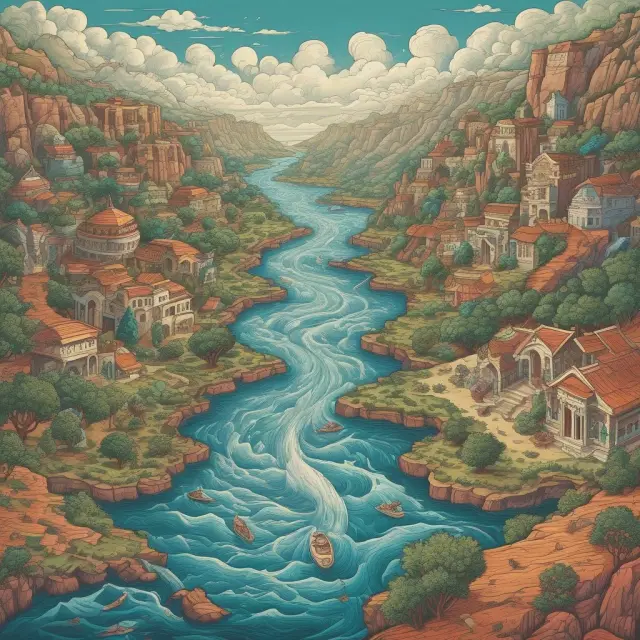 A river filled with glowing orbs (representing talent) flows towards a vibrant, flourishing land, illustrating the concept of brain gain