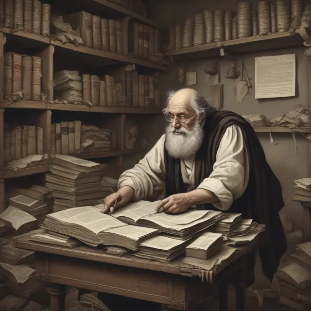 An ancient bookkeeper meticulously sorts financial records from multiple branches at a bustling crossroads