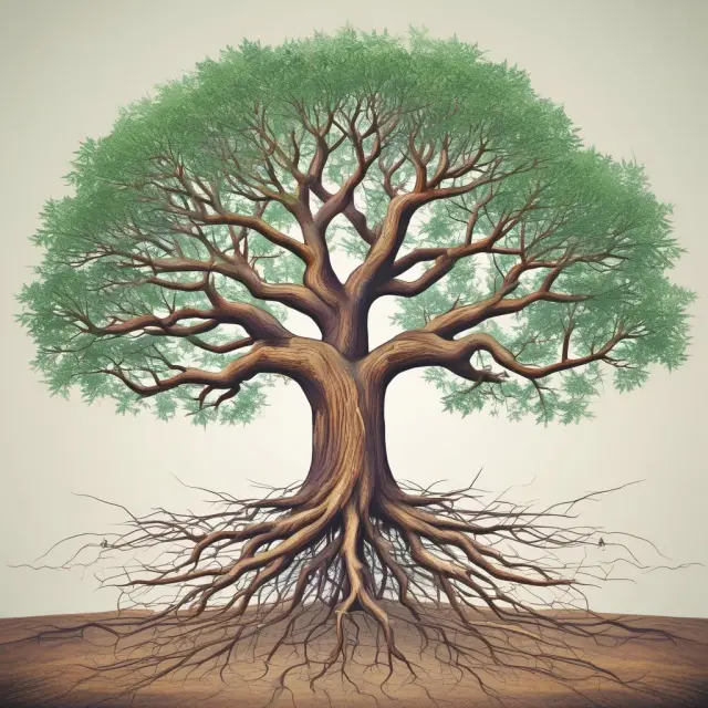 Image of branches growing from a single trunk, their roots intertwined, representing the financial interconnectivity among branches in multinational corporations through branch accounting