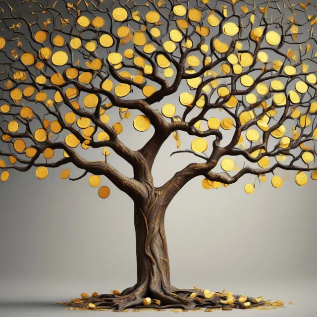 Golden coins branching from a tree, representing the success and growth of branch accounting.
