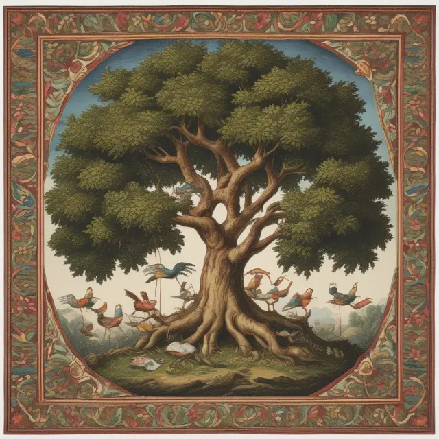 Scale tipping between an intricately woven tapestry representing unit banking and a sprawling tree symbolizing branch banking, illustrating the balance between local focus and expansive reach.