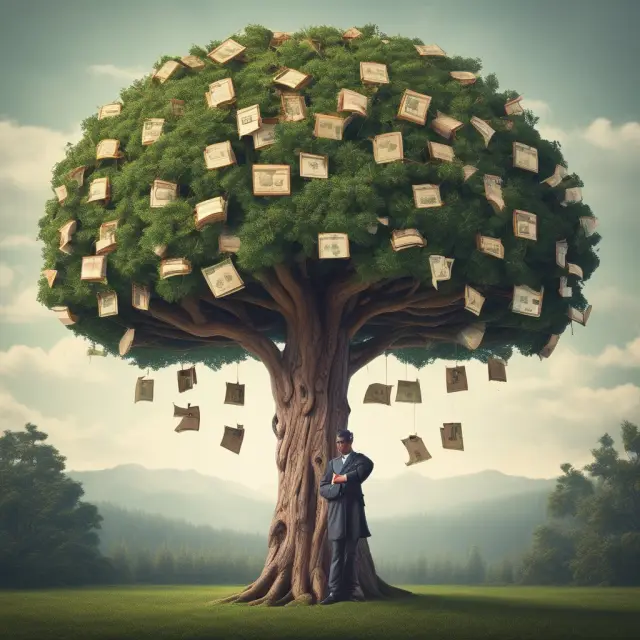 Scholar wearing a crown manages a tree filled with financial terms and leadership skills
