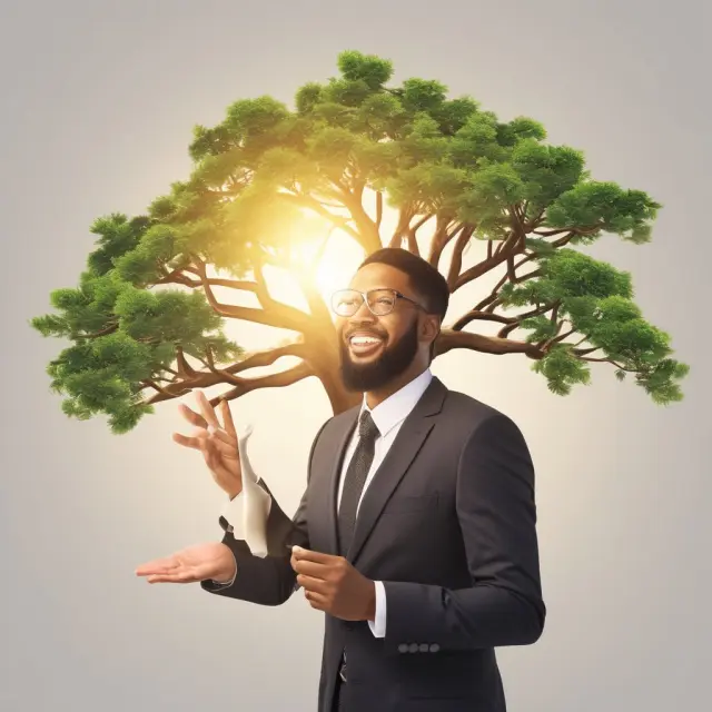 Branch manager symbolizing growth and community involvement, surrounded by blossoming businesses and engaged locals