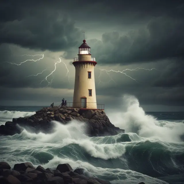 A branch manager, personified as a lighthouse, illuminating the way for employees (boats) and customers during financial crises