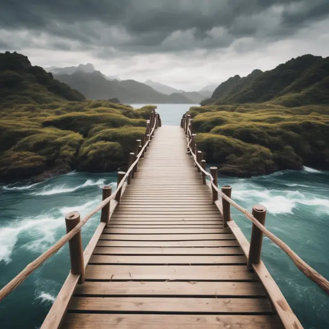 A sturdy wooden bridge crossing turbulent waters symbolizing successful consumer perception in brand extension