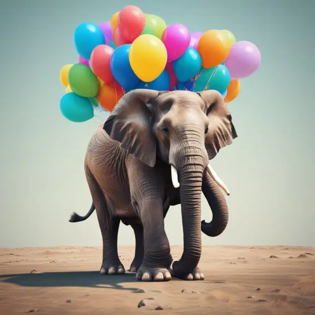 Elephant holding a bundle of balloons with various colors and patterns, representing potential risks and consequences of brand extension.