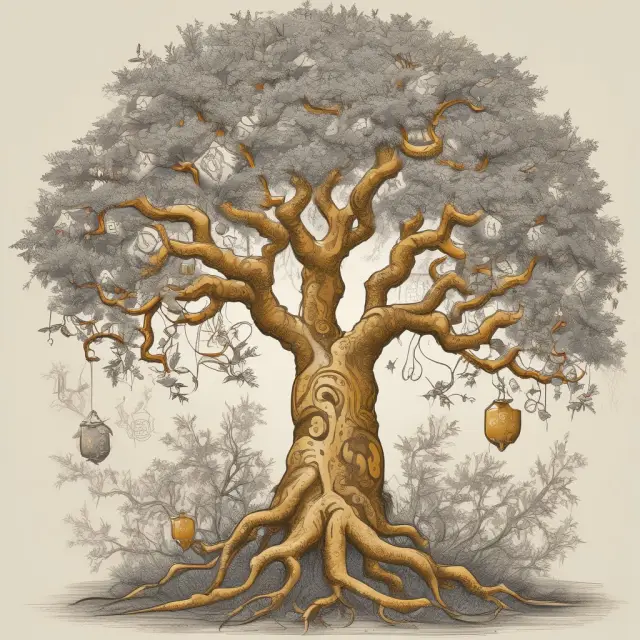 A golden vine connecting an established tree with new branches symbolizing brand extensions