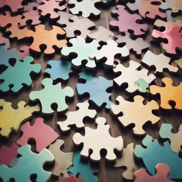 A jigsaw puzzle with brand identity elements, including market analysis, goals, customers, personality, and message.