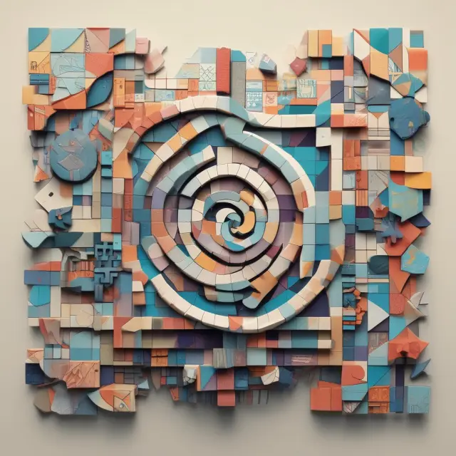 An artistic mosaic made up of clear focus, strong visuals, target audience understanding, and market recognition, representing the essentials of a successful brand identity