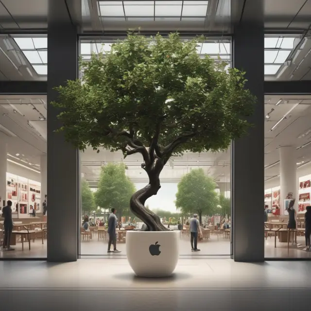 Two trees sprouting Apple and Nike logos from heart-shaped roots, symbolizing brand loyalty