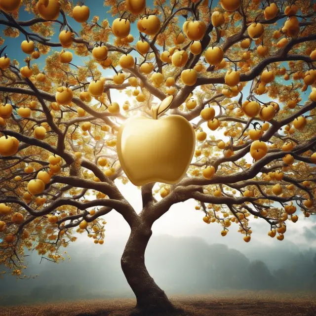 Golden apple tree filled with interconnected brand logos, illustrating the importance of best-in-class quality in building customer loyalty.