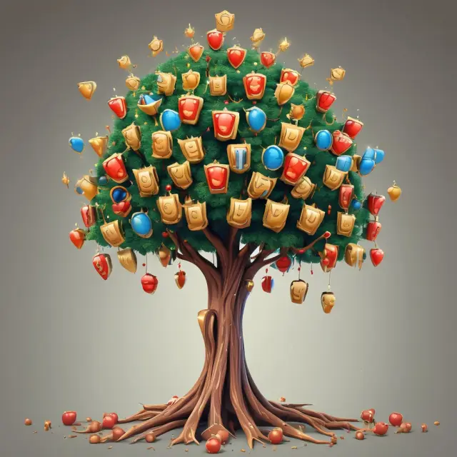A regal crown filled with loyalty points pouring onto a blossoming tree, illustrating the growth of customer relationships and brand loyalty.
