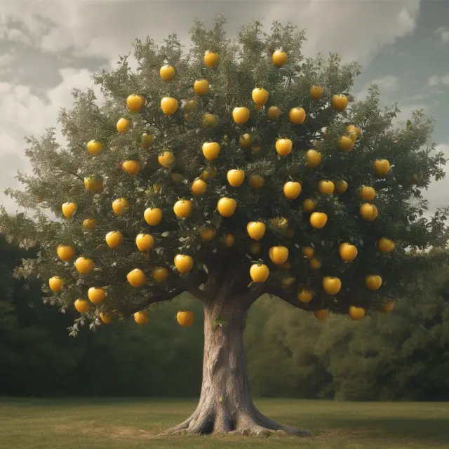 An apple tree laden with golden apples entwined with interconnected Nike swooshes, representing the powerful brand loyalty and success of Apple and Nike