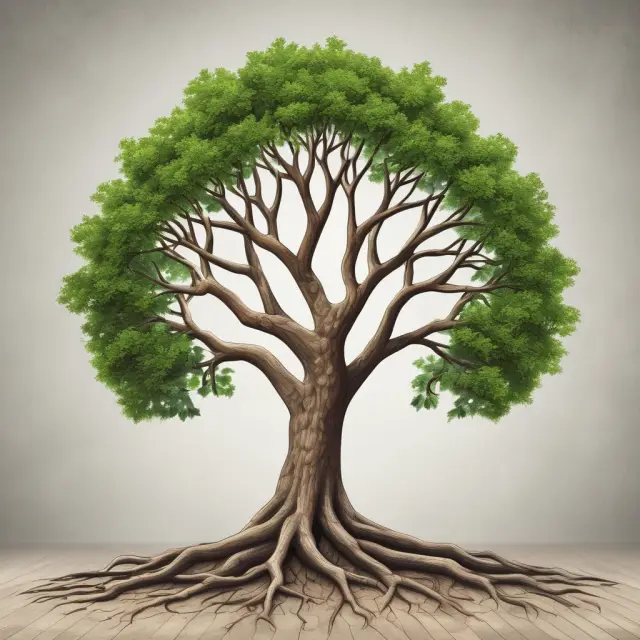 A tree with roots representing brand equity, trunk for recognition, branches symbolizing loyalty, and leaves illustrating sentiment analysis growth.
