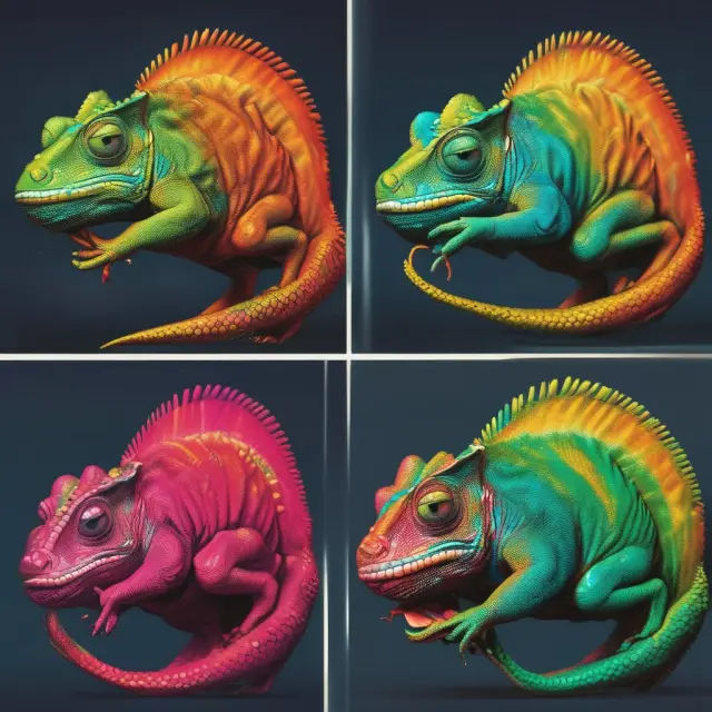 A chameleon metamorphosing brand personalities, symbolizing evolution and adaptation to consumer emotions