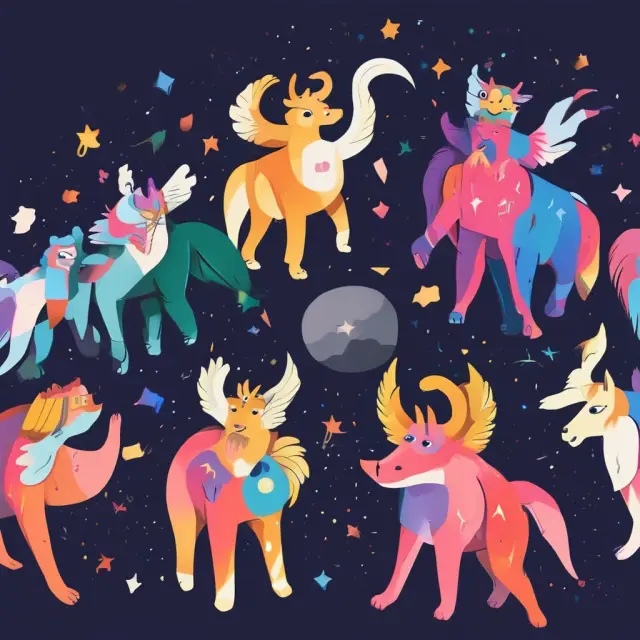 A night sky filled with brand mascots, forming a constellation, symbolizing their consistency and impact on customer recall.