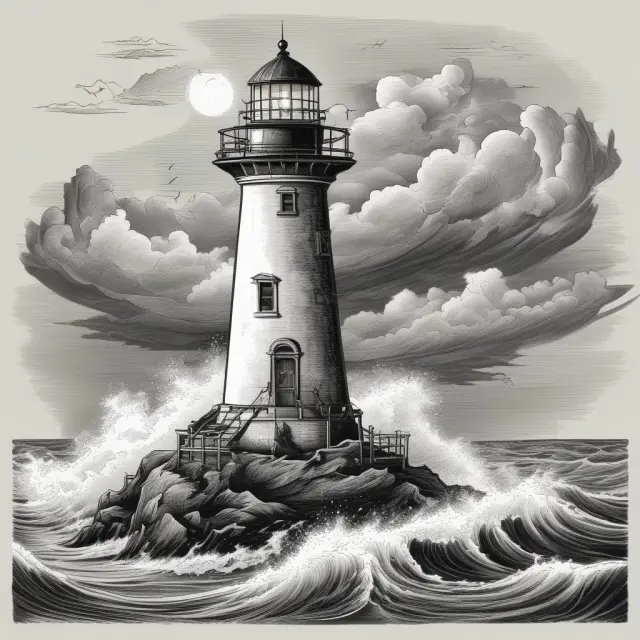 A lighthouse symbolizing brand equity amidst a stormy sea, with beacon shining consistently to guide consumers