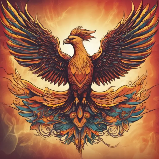 A mythical phoenix with brand equity represented by a shield, signifying the power of transformative marketing and consumer loyalty