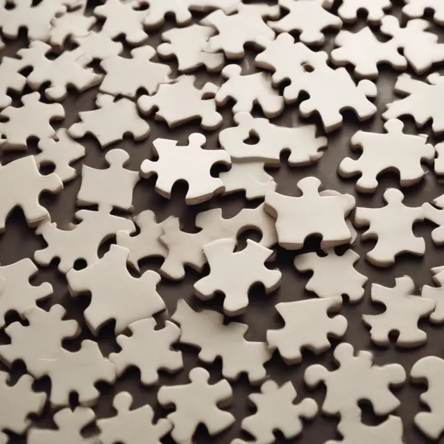 A jigsaw puzzle illustrating brand strategy with pieces labeled positioning, messaging, and visual identity