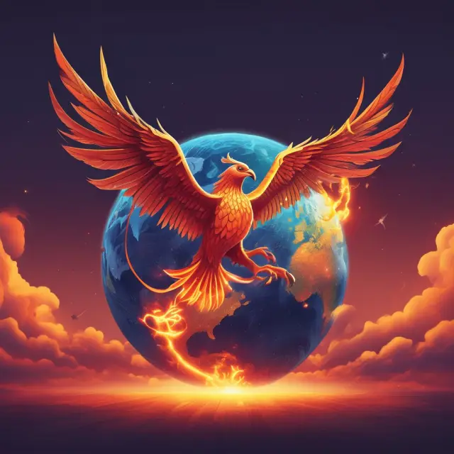 A mythical phoenix emerging from a globally connected sphere, signifying the transformative effect of social media on brand visibility