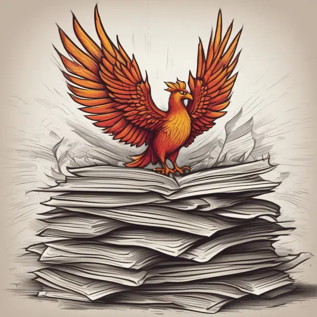 Phoenix emerging from a stack of newspapers, illustrating the resilience and impact of print media advertising
