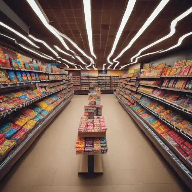 Candy bar on a surfboard, riding a wave of shoppers toward checkout counters, promoting in-store distribution and advertising